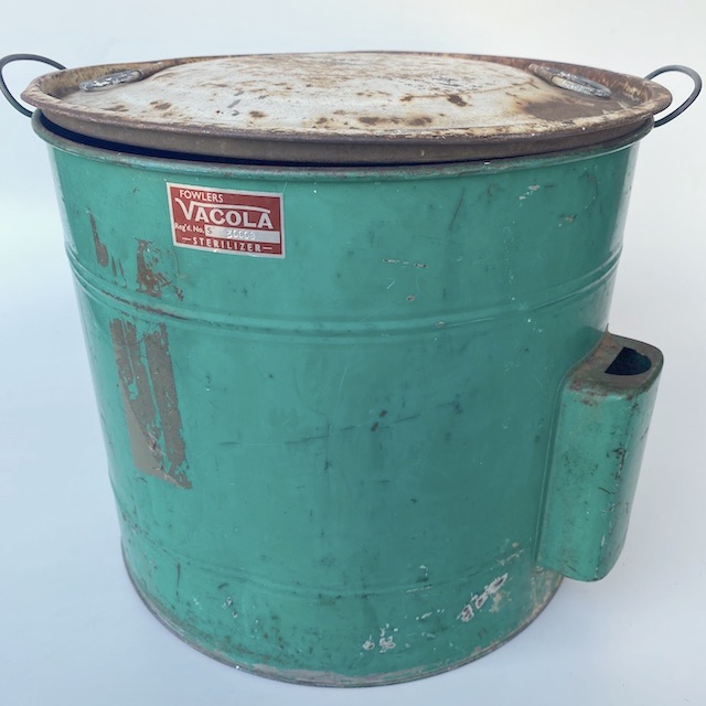 STERILISER, Green Blue Metal Drum w Aged White Lid - Vacola